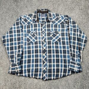 Wrangler Shirt Mens 2XL Blue Black Plaid Western Pearl Snap Flannel Cotton Yoke‎